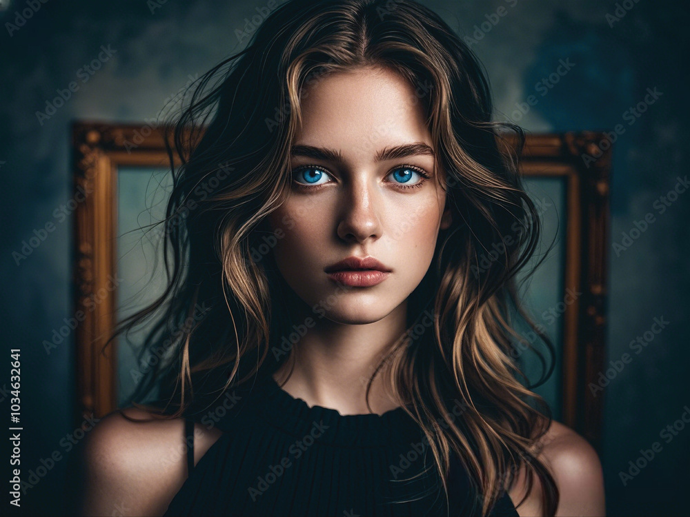 A striking portrait of a young woman with wavy hair and captivating blue eyes. A striking portrait of a young woman with wavy hair and captivating blue eyes.