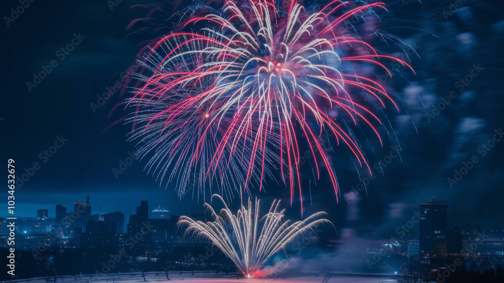 A vibrant fireworks show bursting in the night sky above a cityscape, creating a festive atmosphere. Night of bonfires and fireworks. A vibrant fireworks show bursting in the night sky above a cityscape, creating a festive atmosphere. Night of bonfires and fireworks.