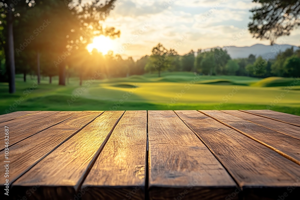 Wooden table with a blurry background of a green golf course and a sunset in the distance. Wooden table with a blurry background of a green golf course and a sunset in the distance.