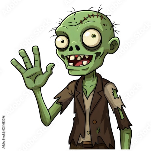 Cartoon illustration of a quirky, friendly green zombie character