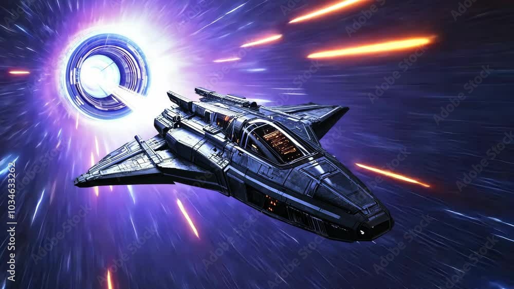 A spaceship travels through a wormhole, with bright streaks of light and a circular portal in the distance A spaceship travels through a wormhole, with bright streaks of light and a circular portal in the distance