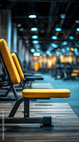 A row of yellow weight benches in a gym, with a blurred background of other equipment.