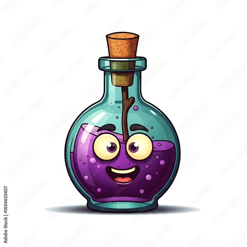 Cartoon Potion Bottle with Happy Face and Purple Liquid Inside Cartoon Potion Bottle with Happy Face and Purple Liquid Inside