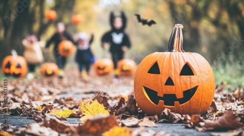 A lively Halloween pumpkin sack race with kids dressed in costumes hopping toward the finish line photo