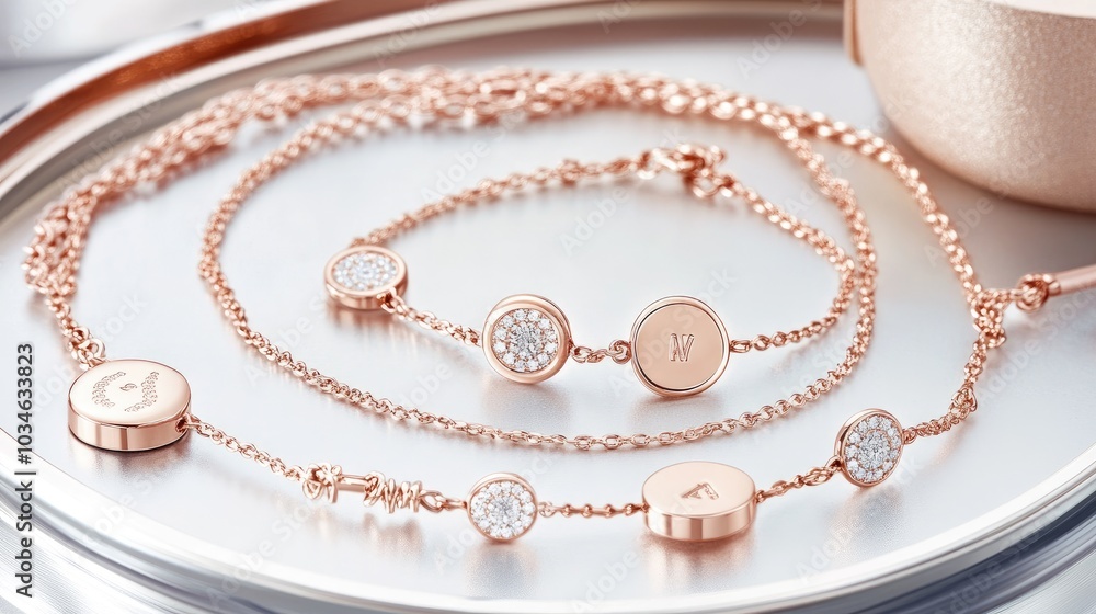 Elegant Rose Gold Jewelry Set on Stylish Surface Elegant Rose Gold Jewelry Set on Stylish Surface