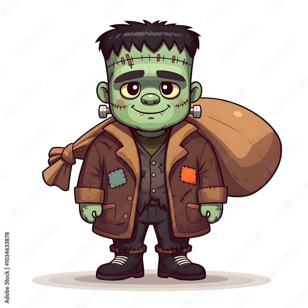 Obraz premium Cute Frankenstein-inspired character carrying a large sack