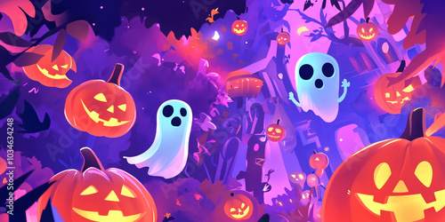 Halloween Video Game Scene with Glowing Pumpkins: Ghosts and skeletons bring the fun to this vibrant background