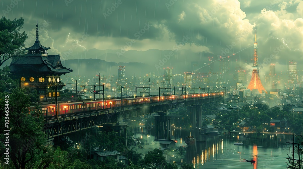Rainy Night in Tokyo: A Cityscape with Tower and Train Rainy Night in Tokyo: A Cityscape with Tower and Train