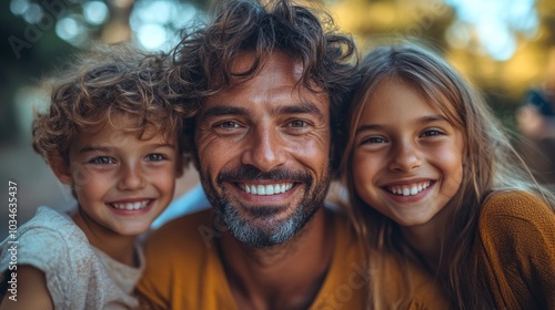 A father is happily posing with his two children in a park, surrounded by greenery. Their smiles radiate joy, capturing a perfect moment of family bonding.