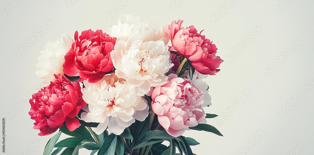 A bouquet of pink, red, and white peonies arranged in a soft vintage style against a white background. A bouquet of pink, red, and white peonies arranged in a soft vintage style against a white background.