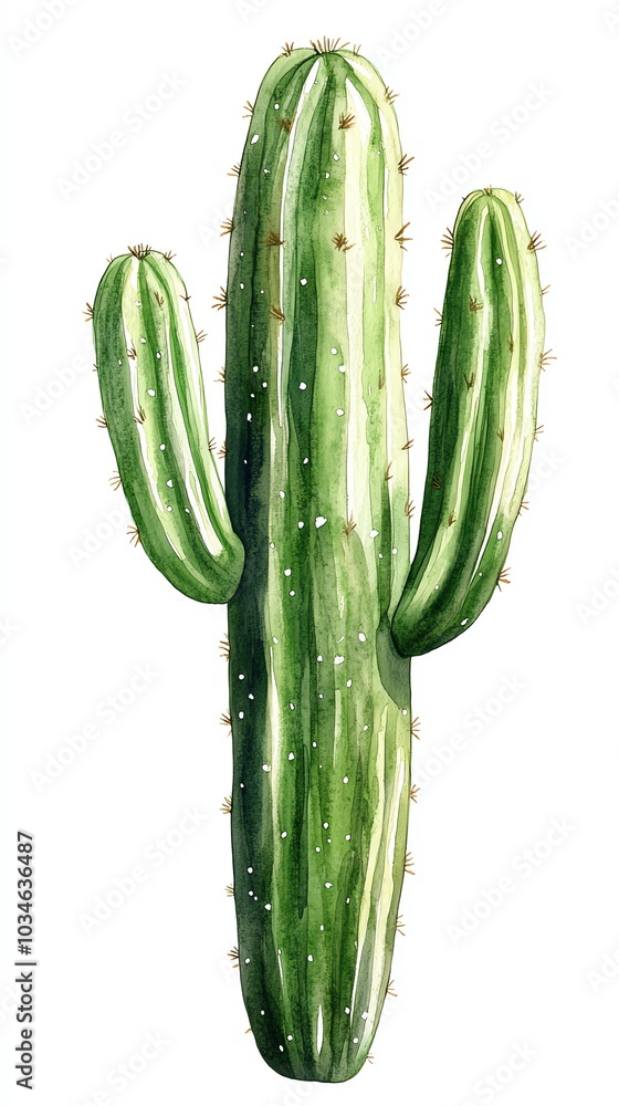A watercolor illustration of a tall green cactus with three arms on a white background. A watercolor illustration of a tall green cactus with three arms on a white background.