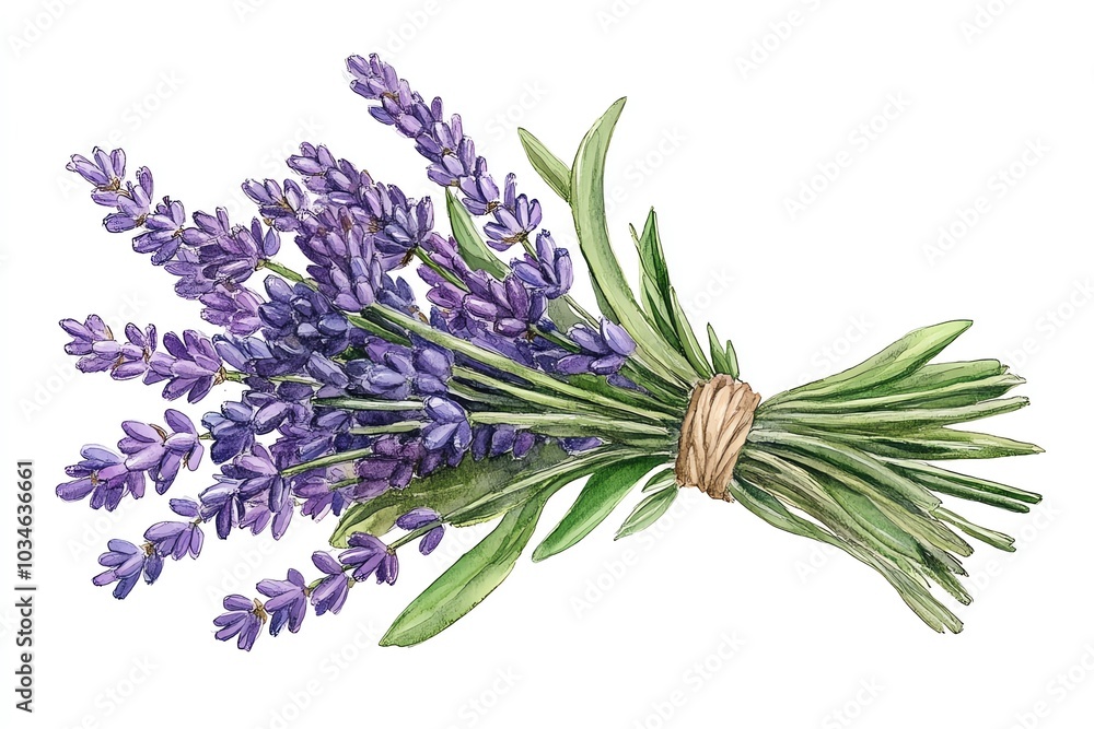 Obraz premium Watercolor illustration of a lavender bouquet with purple flowers and green leaves tied with twine.