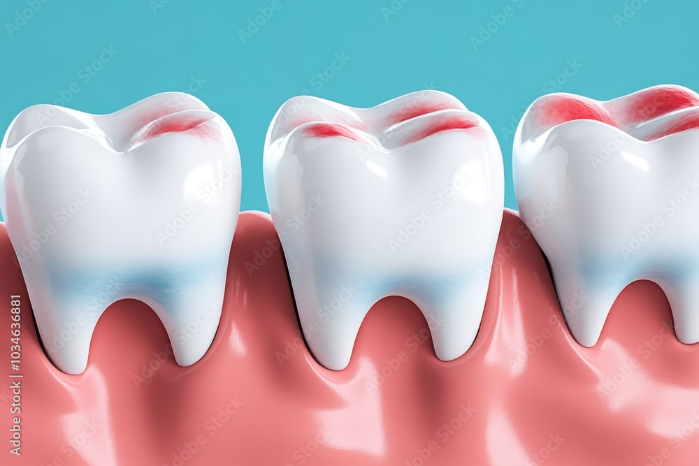 A watercolor sketch of teeth and gums, showing a gentle blend of reds and blues A watercolor sketch of teeth and gums, showing a gentle blend of reds and blues