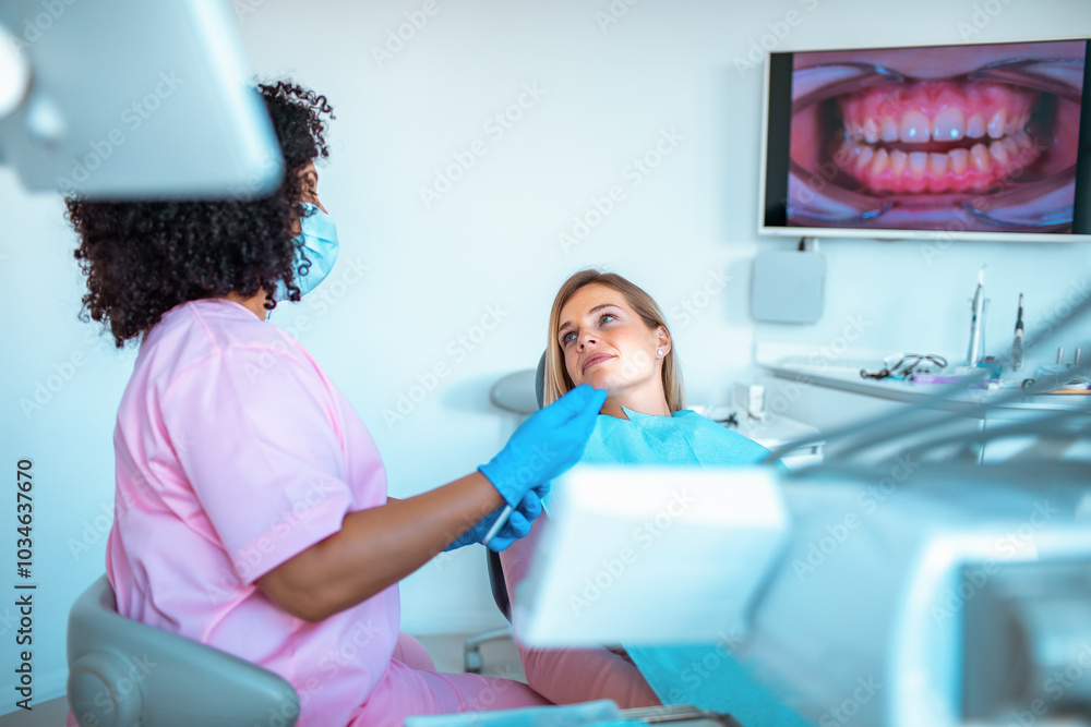 Female dentist working on a female patients teeth in her dental office Female dentist working on a female patients teeth in her dental office