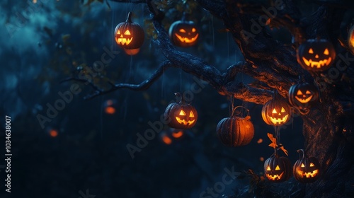 Glowing jack-o'-lanterns hanging from a gnarled tree in a mysterious Halloween night.