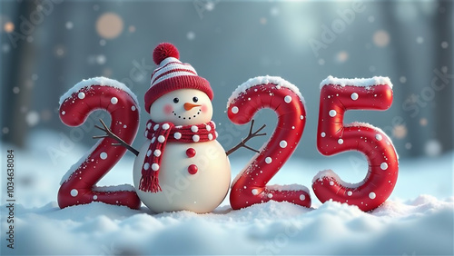 Snowman holding festive numbers 2025 stands in a winter wonderland with falling snowflakes