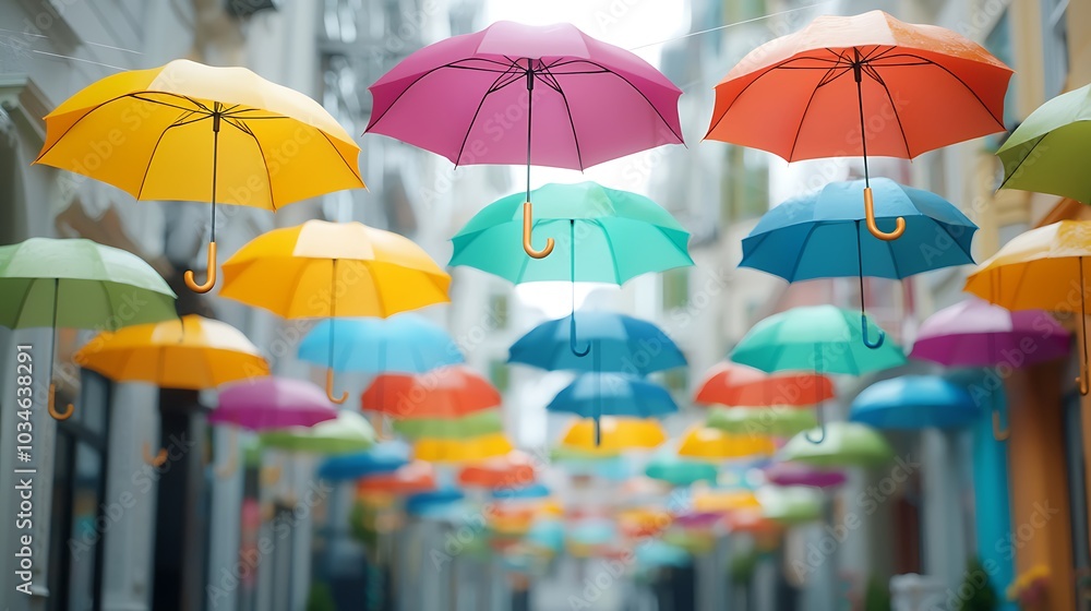 custom made wallpaper toronto digitalA vibrant scene featuring colorful umbrellas suspended above a lively street, creating a cheerful atmosphere that enhances the urban environment.