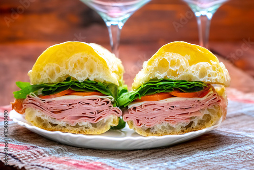 Italian mortadella bologna sandwich with arugula, tomato and cheese on ciabatta bread