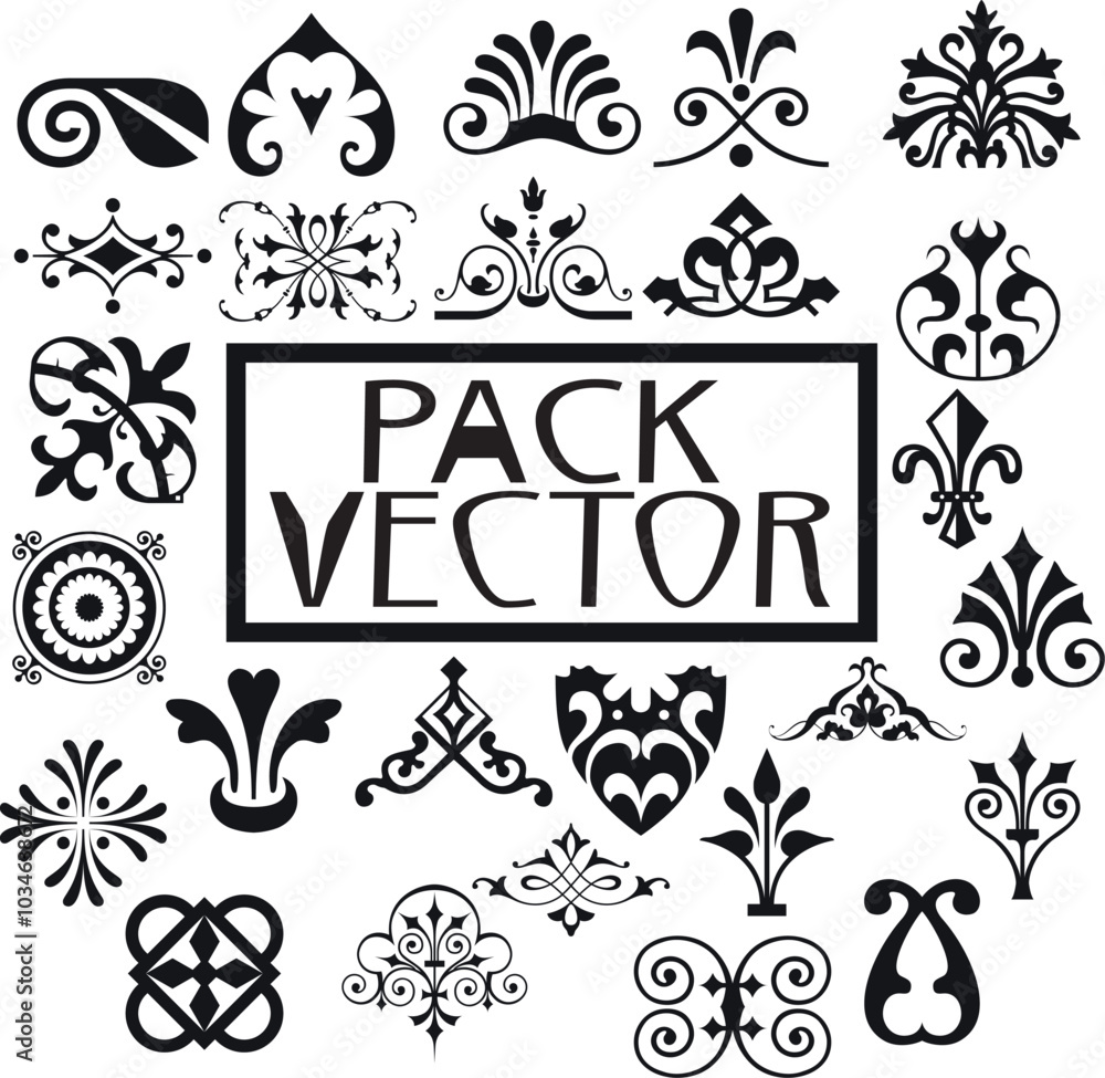 Fototapeta premium Border decoration elements and round frames in one mega pack set