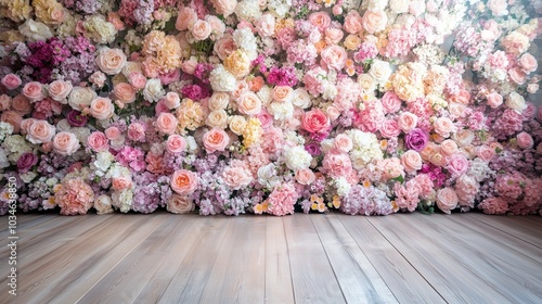 A vibrant floral wall adorned with pink, white, and purple flowers in a light-filled indoor space