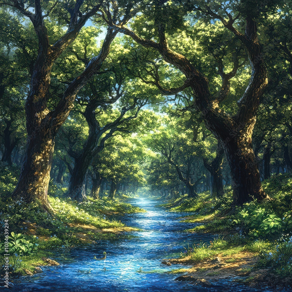 Naklejka premium Idyllic Forest Pathway with Lush Green Trees and Sunlit Stream in Tranquil Nature Setting Surrounded by Peaceful Woodland Scenery and Serene Natural Beauty
