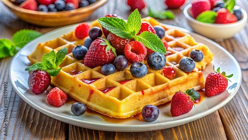 A golden waffle with a sweet glaze, adorned with a medley of fresh strawberries, raspberries, and blueberries, creating a symphony of flavor and texture.