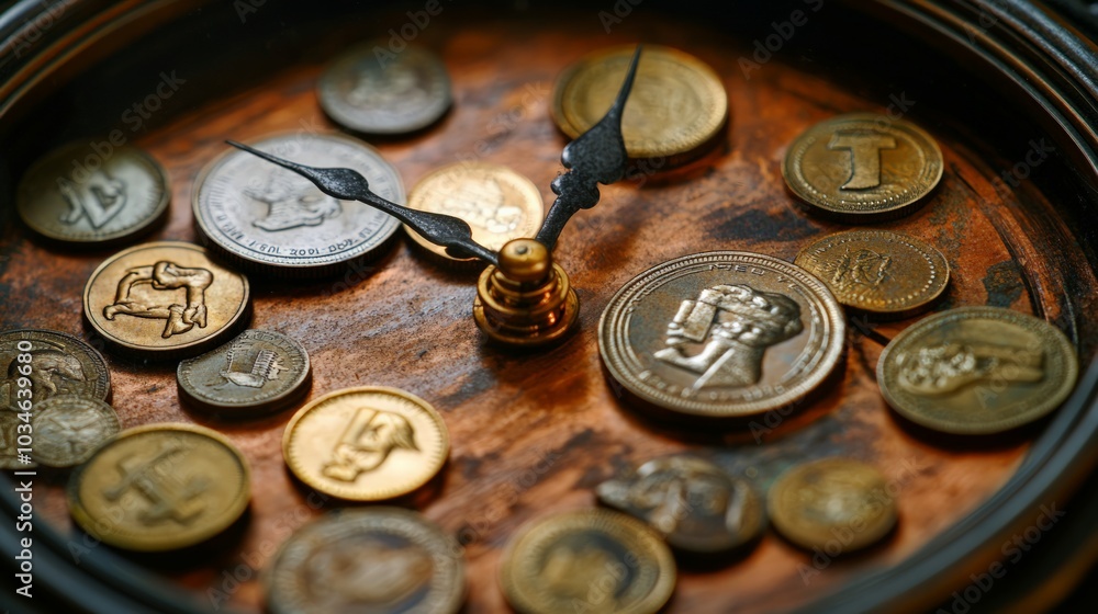 Face of a clock with numbers replaced by coins, time hands pointing upwards, symbolizing time is money and financial growth, no text or logos Face of a clock with numbers replaced by coins, time hands pointing upwards, symbolizing time is money and financial growth, no text or logos