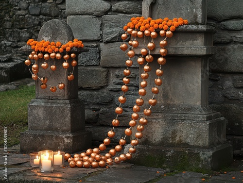 Stunning Stone Monument Decorated with Illuminated Oranges and Candlelight for a Unique Holiday Display in a Peaceful Outdoor Setting, Exquisite Stonecraft Art photo