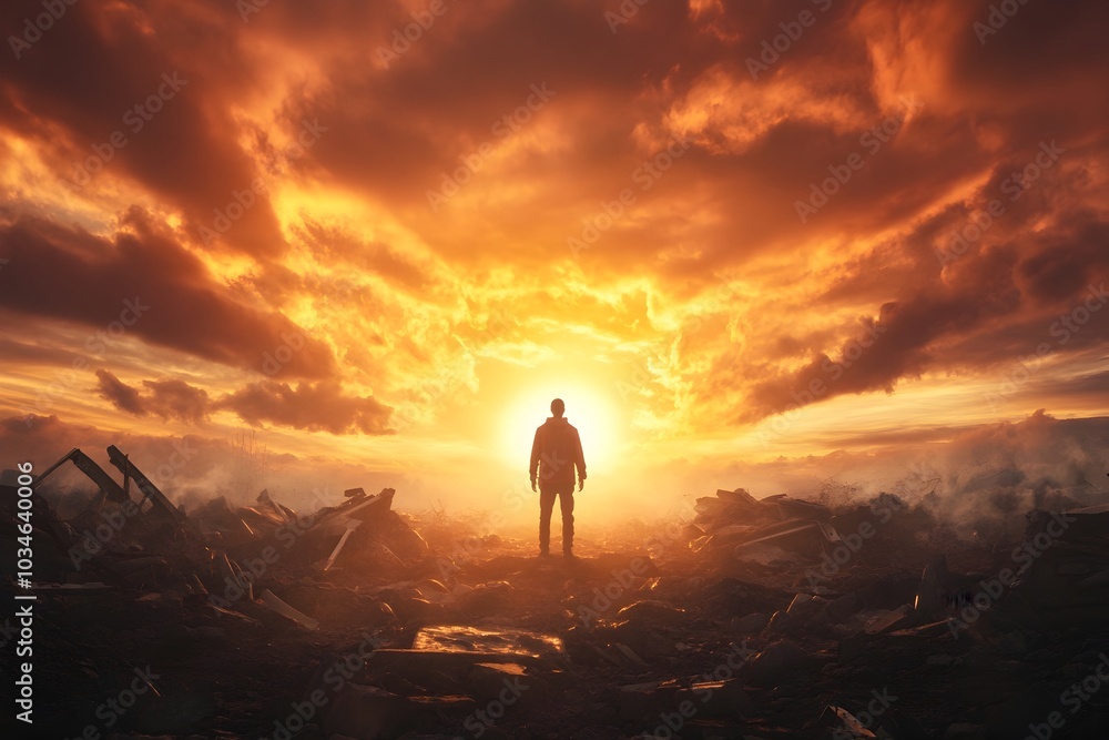 Fototapeta premium Resolute Figure Stands Amidst Ethereal Ruins Inspired by Triumph Over Adversity