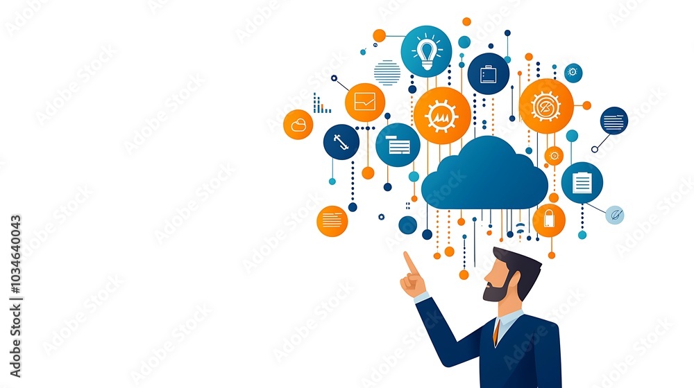 A businessman points towards cloud computing icons, representing innovation and technology. Ideal for illustrating business, data analytics, and digital solutions. A businessman points towards cloud computing icons, representing innovation and technology. Ideal for illustrating business, data analytics, and digital solutions.