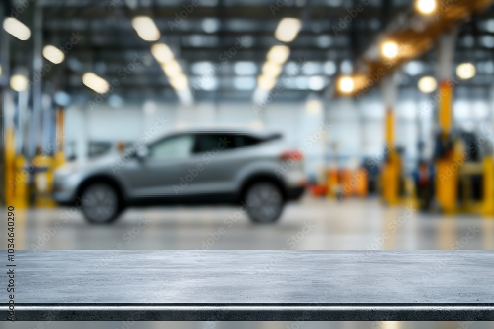 Blurred Car Garage Backdrop with Empty Metallic Table for Product Showcase Blurred Car Garage Backdrop with Empty Metallic Table for Product Showcase
