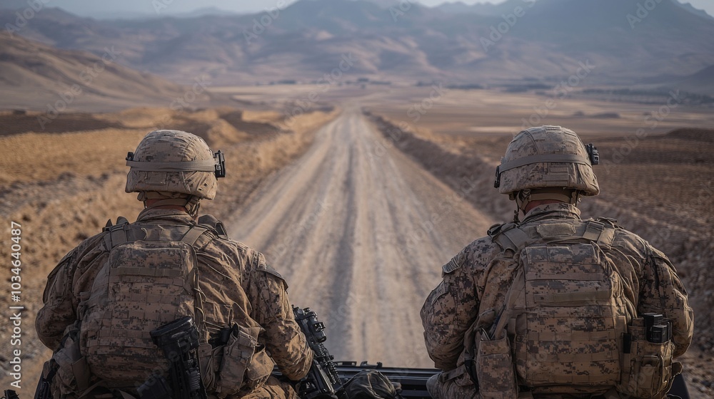 Two soldiers sit atop a military vehicle, surveying the barren desert terrain of Afghanistan as the sun rises over distant mountains, preparing for their morning patrol. Two soldiers sit atop a military vehicle, surveying the barren desert terrain of Afghanistan as the sun rises over distant mountains, preparing for their morning patrol.