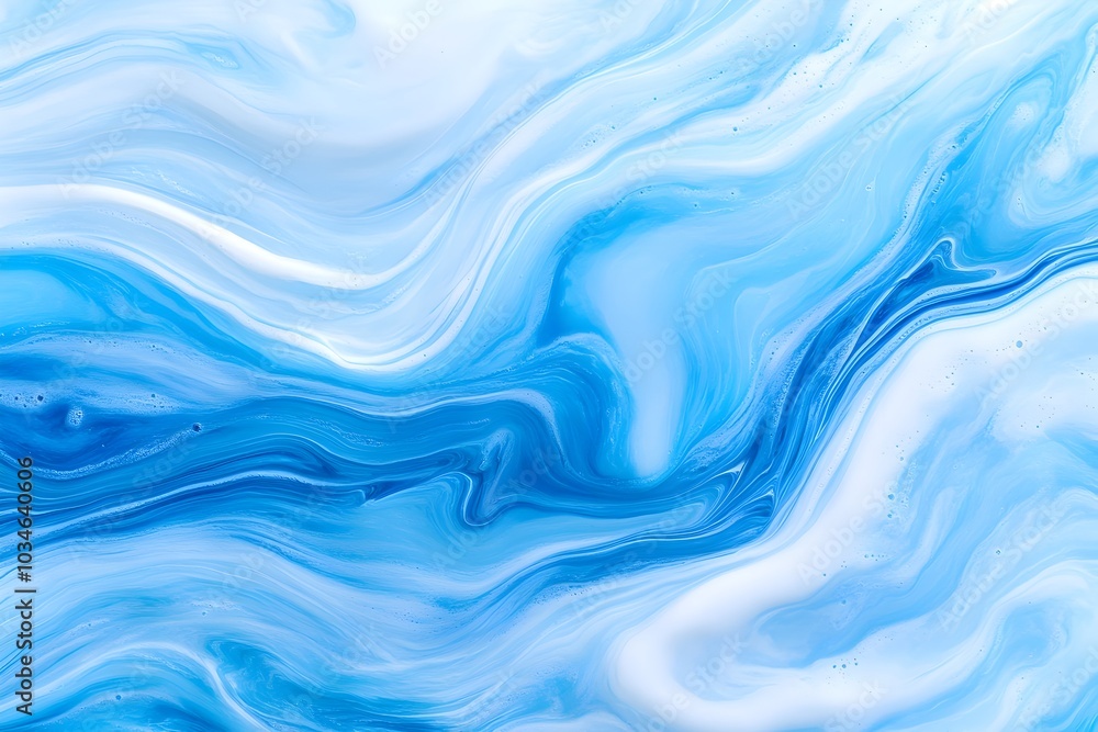 Fluid Marbling Effect with Acrylic Ink Dynamic Cascading Waterfall of Cerulean Azure and Sapphire Foaming Accents Background for Advertising and Fluid Marbling Effect with Acrylic Ink Dynamic Cascading Waterfall of Cerulean Azure and Sapphire Foaming Accents Background for Advertising and