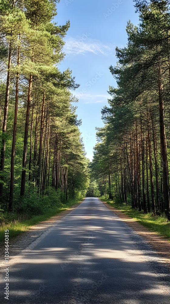 Fototapeta premium Serene Straight Road Cutting Through a Lush Dense Forest with Tall Trees