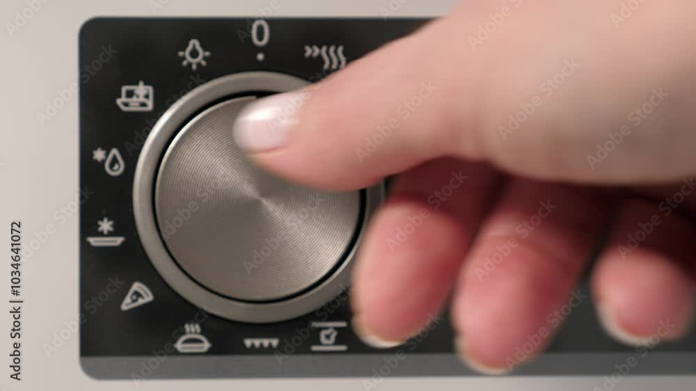 Woman adjusting modern white oven in kitchen. Female hand pushing and turning knobs on oven control panel. Closeup
