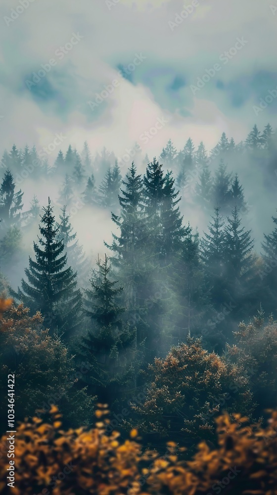 Misty Forest Landscape: Tranquil Pine Trees in a Foggy Wilderness Misty Forest Landscape: Tranquil Pine Trees in a Foggy Wilderness