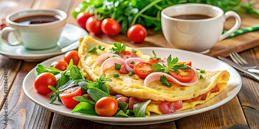 A savory omelet filled with ham, onion, and fresh herbs, accompanied by a side of cherry tomatoes and green salad, served with a steaming cup of coffee on a wooden table. A savory omelet filled with ham, onion, and fresh herbs, accompanied by a side of cherry tomatoes and green salad, served with a steaming cup of coffee on a wooden table.