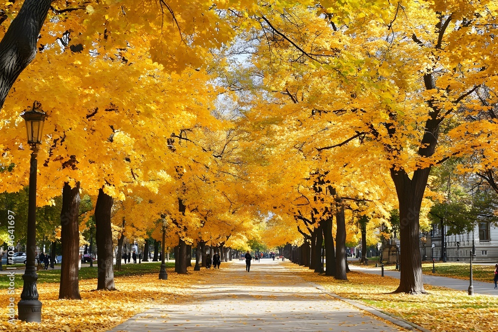Naklejka premium Golden Autumn Alleyway with Falling Leaves