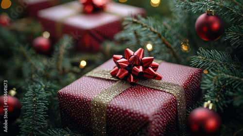 A red box with a gold ribbon and a pine cone on top of it. The box is placed on a tree branch, surrounded by other decorations