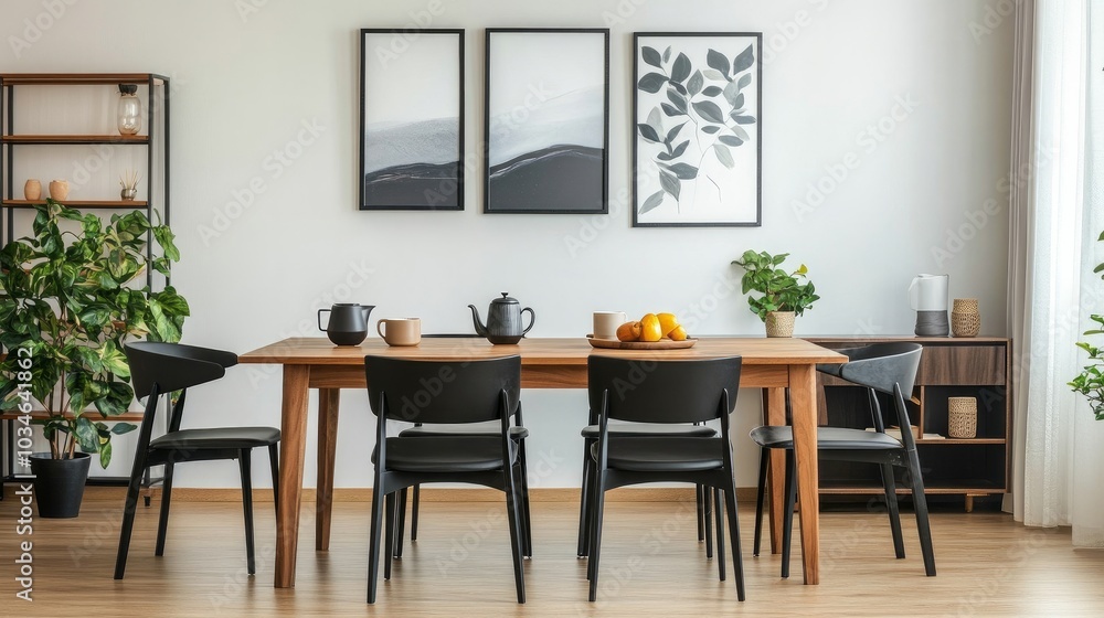 Beautiful interior design for a dining area featuring a wooden family table, black seats, a teapot with a mug, wall-mounted mock-up paintings, and sophisticated accessories for a modern home. Beautiful interior design for a dining area featuring a wooden family table, black seats, a teapot with a mug, wall-mounted mock-up paintings, and sophisticated accessories for a modern home.