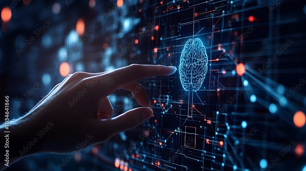 Hand touching data of brain and science on network connection, AI, Artificial intelligence, Machine learning, Technology and science. Hand touching data of brain and science on network connection, AI, Artificial intelligence, Machine learning, Technology and science.