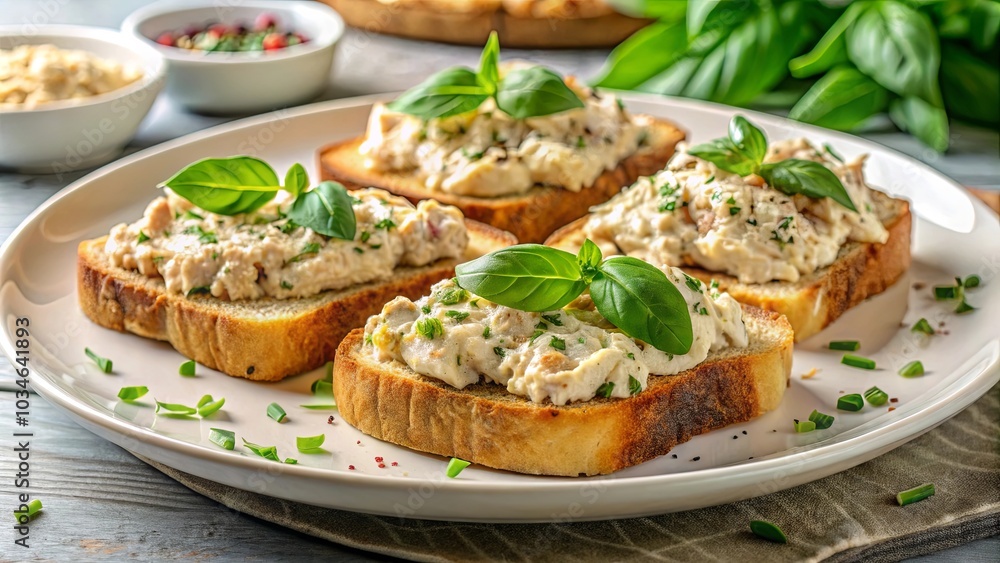 A plate of toasted bread topped with creamy white spread, garnished with fresh green herbs and chives A plate of toasted bread topped with creamy white spread, garnished with fresh green herbs and chives