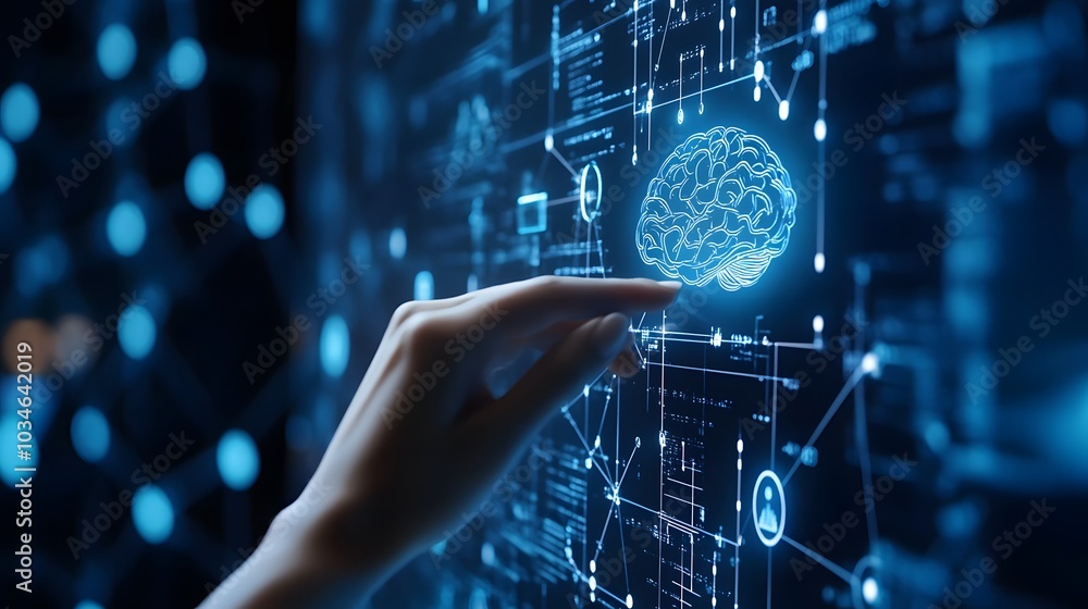 Hand touching data of brain and science on network connection, AI, Artificial intelligence, Machine learning, Technology and science. Hand touching data of brain and science on network connection, AI, Artificial intelligence, Machine learning, Technology and science.