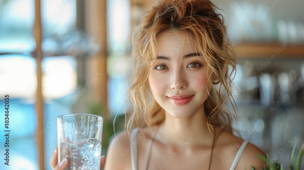 attractive blonde hair asian woman holding glass of water at home. attractive blonde hair asian woman holding glass of water at home.