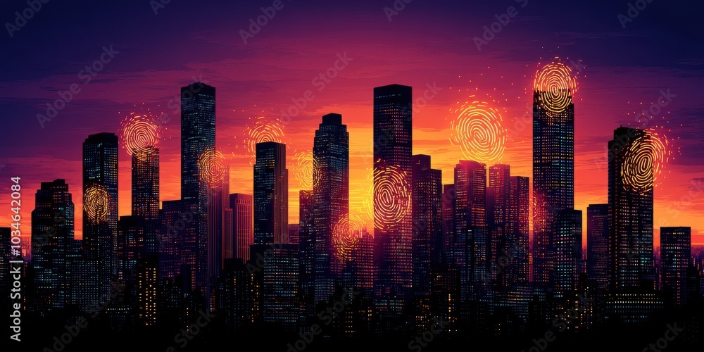 Fototapeta premium Symbolic illustration of a city skyline at sunset with glowing lights and fingerprints on buildings, representing individuality and human identity in urban environments.