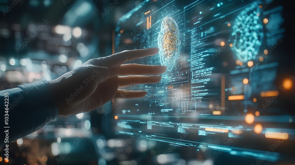 Hand touching data of brain and science on network connection, AI, Artificial intelligence, Machine learning, Technology and science. Hand touching data of brain and science on network connection, AI, Artificial intelligence, Machine learning, Technology and science.