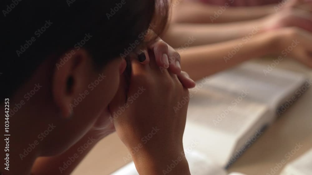 Sense of devotion and spiritual fulfill with christian catholic follower immerse in faith. Slow motion christian people practicing group prayer, holding hand while praying together. Burgeoning Sense of devotion and spiritual fulfill with christian catholic follower immerse in faith. Slow motion christian people practicing group prayer, holding hand while praying together. Burgeoning