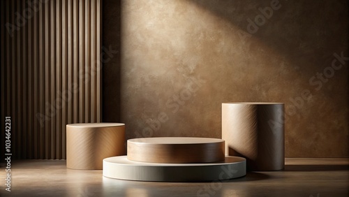 Wallpaper Mural Minimalist Wooden Platform in a Room with a Brown Wall and a Slatted Wooden Panel Torontodigital.ca