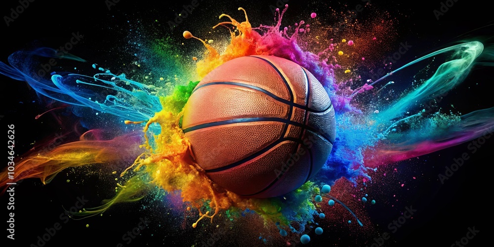 A basketball explodes in a vibrant spectrum of color, creating a mesmerizing display of motion and artistry. A basketball explodes in a vibrant spectrum of color, creating a mesmerizing display of motion and artistry.