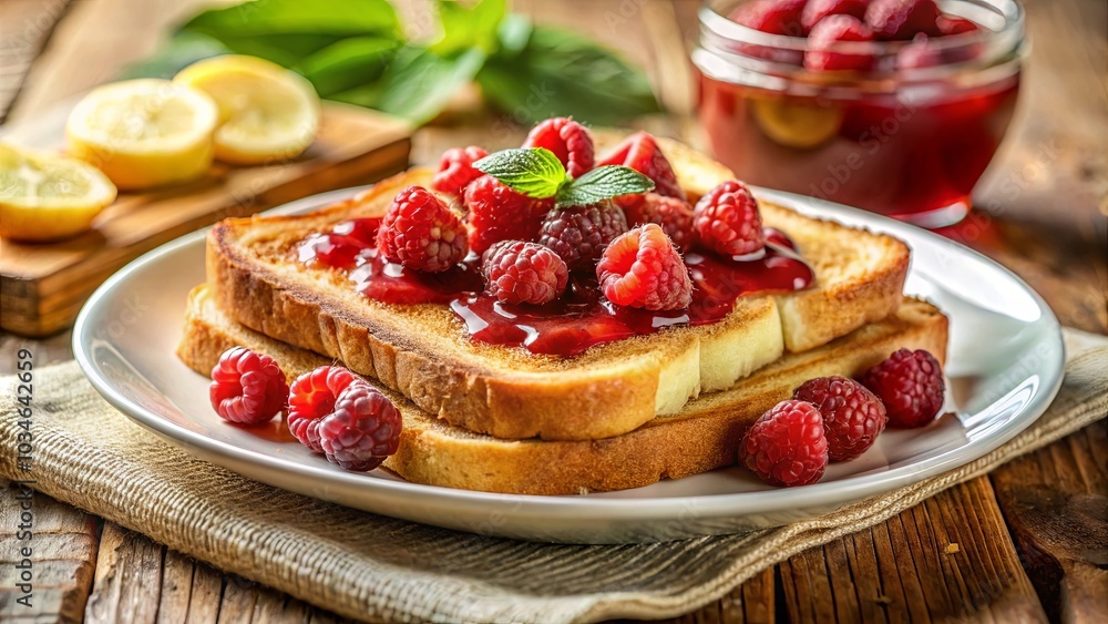 Golden Toasted Bread Slices Covered in Sweet Berry Glaze and Fresh Raspberries, Served on a White Plate with a Side of Lemon Wedges on a Rustic Wooden Table Golden Toasted Bread Slices Covered in Sweet Berry Glaze and Fresh Raspberries, Served on a White Plate with a Side of Lemon Wedges on a Rustic Wooden Table